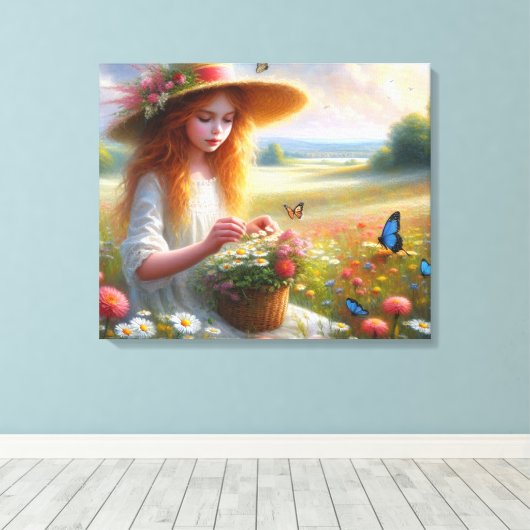Meisje plukken bloemen gestrekte canvas Print (Insitu (Houten vloer))