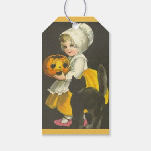 Meisje Pompoen Kat Halloween Gift Labels Cadeaulabel (Voorkant)