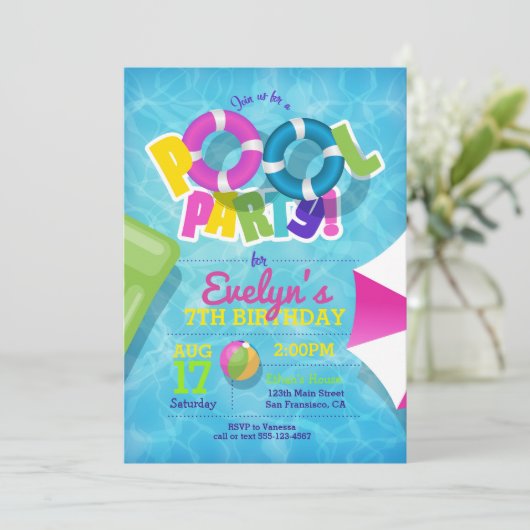 Meisje Pool Party Uitnodiging - Pool Uitnodiging v (Staand voorkant)