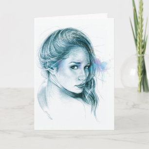 Meisje portret potlood tekening Blauw Kaart