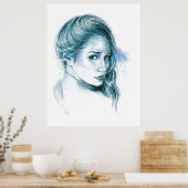 Meisje portret potlood tekening Blauw Poster (Keuken)