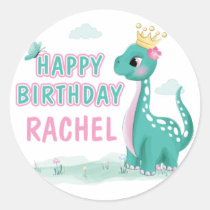 Meisje Prinses Dinosaurus Roze & Turquoise Verjaar Ronde Sticker