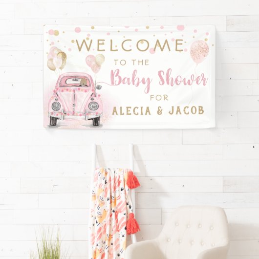 Meisje rijden door Baby shower roze gouden auto Spandoek (Insitu)