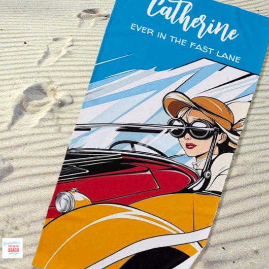 Meisje Rijden Snelle Vintage Auto Strandlaken