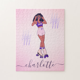 meisje Rollerblading Skater roze Paarse naam Legpuzzel