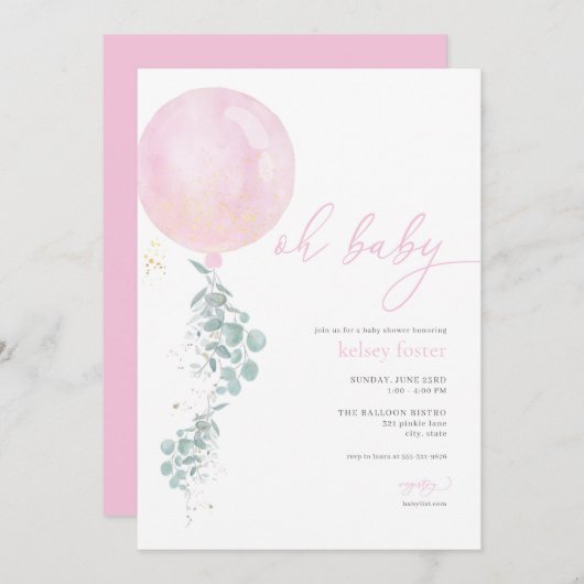 Meisje Roze Ballon Baby shower Invitation Kaart (Voorkant / Achterkant)