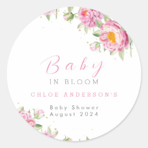 Meisje Roze Bloemen Baby in Bloom Shower Schattige Ronde Sticker