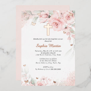 Meisje Roze Blush Roos Gouden Kruis Bloemendoop Folie Uitnodiging