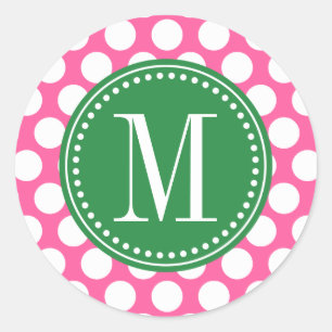 Meisje Roze & Donkergroen Grote Polka Dots Monogra Ronde Sticker
