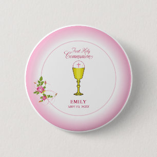 Meisje Roze Eerste Heilige Communie, Kelk, Hostie, Ronde Button 5,7 Cm