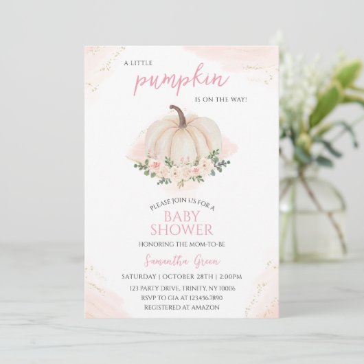 Meisje Roze en Gouden Pompoen Baby shower Kaart (Staand voorkant)