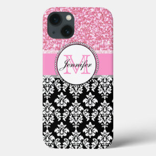 Meisje, Roze, Glitter Black Damask gepersonaliseer iPhone 13 Hoesje