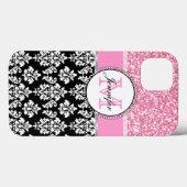 Meisje, Roze, Glitter Black Damask gepersonaliseer Case-Mate iPhone Case (Achterkant (horizontaal))