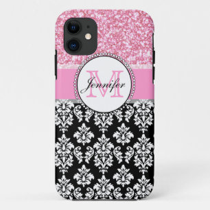 Meisje, Roze, Glitter Black Damask gepersonaliseer iPhone 11 Hoesje