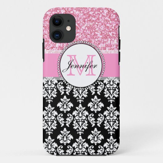 Meisje, Roze, Glitter Black Damask gepersonaliseer Case-Mate iPhone Case (Achterkant)
