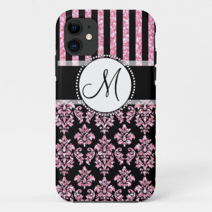 Meisje, roze glitter, zwart Damask je Monogram iPhone 11 Hoesje