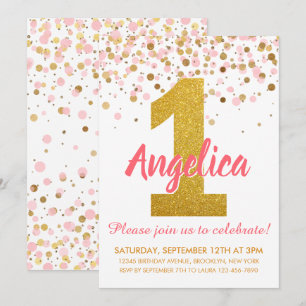 Meisje Roze Goud Glitter Confetti Eerste Verjaarda Kaart
