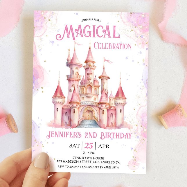 Meisje Roze Kasteel Prinses 2e Verjaardagsfeest Kaart