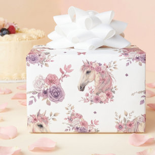 Meisje Roze Paars Whimsical Pony Bloem Cadeaupapier