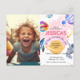 Meisje Ruimtevaarder Buitenruimte Raket Schip Plan Briefkaart