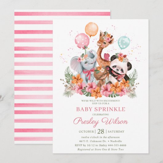 Meisje Safari Dieren Baby Sprinkle Kaart (Voorkant / Achterkant)