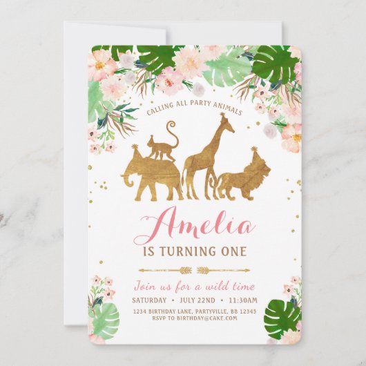 Meisje Safari Roze Gouden Verjaardag Uitnodiging (Voorkant)