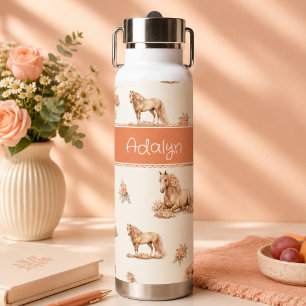 Meisje Schattig Perzik Paard Roos Patroon Persoonl Waterfles