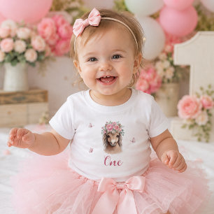 Meisje Schattig Roze Bloem Paard Eerste Verjaardag