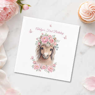 Meisje Schattig Roze Bloemenkleed Paard Eerste Ver Servet