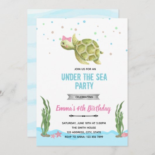 Meisje schildpad onder de zee uitnodiging (Voorkant / Achterkant)