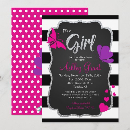 Meisje schoolbord vlinder Baby shower uitnodiging (Voorkant / Achterkant)
