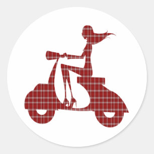 meisje scooter rood wit gingham ronde sticker