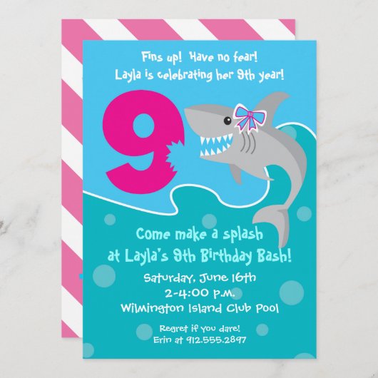 Meisje Shark Bite Uitnodigen - 9e Verjaardagsfeest Kaart (Voorkant / Achterkant)