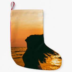 Meisje silhouet, zee zonsondergang, vrijheid. kleine kerstsok