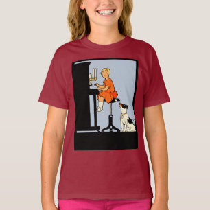 Meisje speelt piano, hond, retro stijl t-shirt