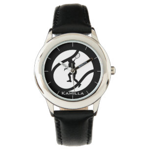 Meisje spelen Tennis Gepersonaliseerd Zwart & Wit Horloge