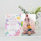 Meisje Stomp Chomp & Roar Dinosaurus Verjaardagsfo Kaart (Staand voorkant)