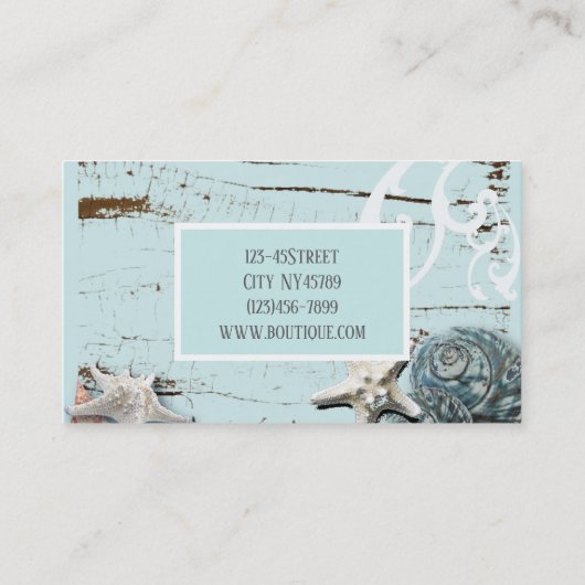 Meisje strand chique zeesterren schelpen aqua blau visitekaartje (Achterkant)