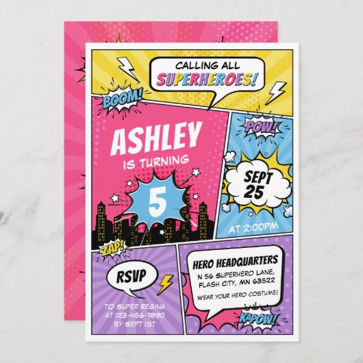 Meisje Superheld Comic Verjaardag Uitnodiging (Voorkant / Achterkant)