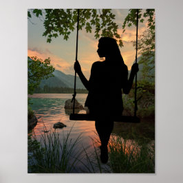 Meisje Swinging Silhouette Lake Zomer Zonsondergan Poster