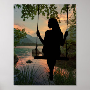 Meisje Swinging Silhouette Lake Zomer Zonsondergan Poster