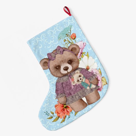meisje Teddy Bear met pop op blauw Grote Kerstsok (Achterkant (Hangend))