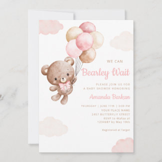 Meisje Teddybeer We Can Bearly Wait baby shower Kaart