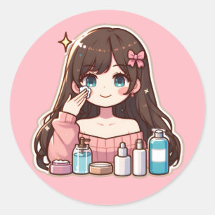 Meisje toepassen skincare schattige anime art ronde sticker