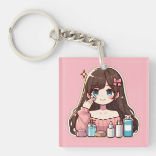 Meisje toepassen skincare schattige anime art sleutelhanger