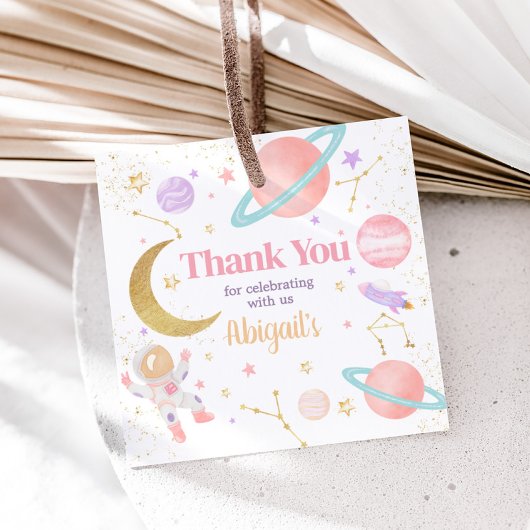 Meisje twee op het Moon Birthday Party Square Bedankjes Labels