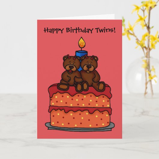 Meisje tweeling op een verjaardagstaart kaart (Gele Bloem)