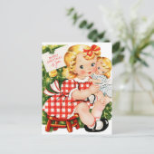 meisje uit 1950 met pop briefkaart (Staand voorkant)