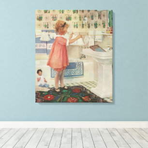 Meisje uit grootmoeders tijd, kind doet was ophang canvas afdruk
