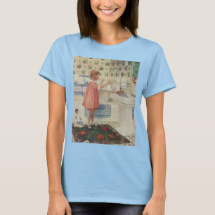 Meisje uit grootmoeders tijd, kind doet wasgoed op t-shirt